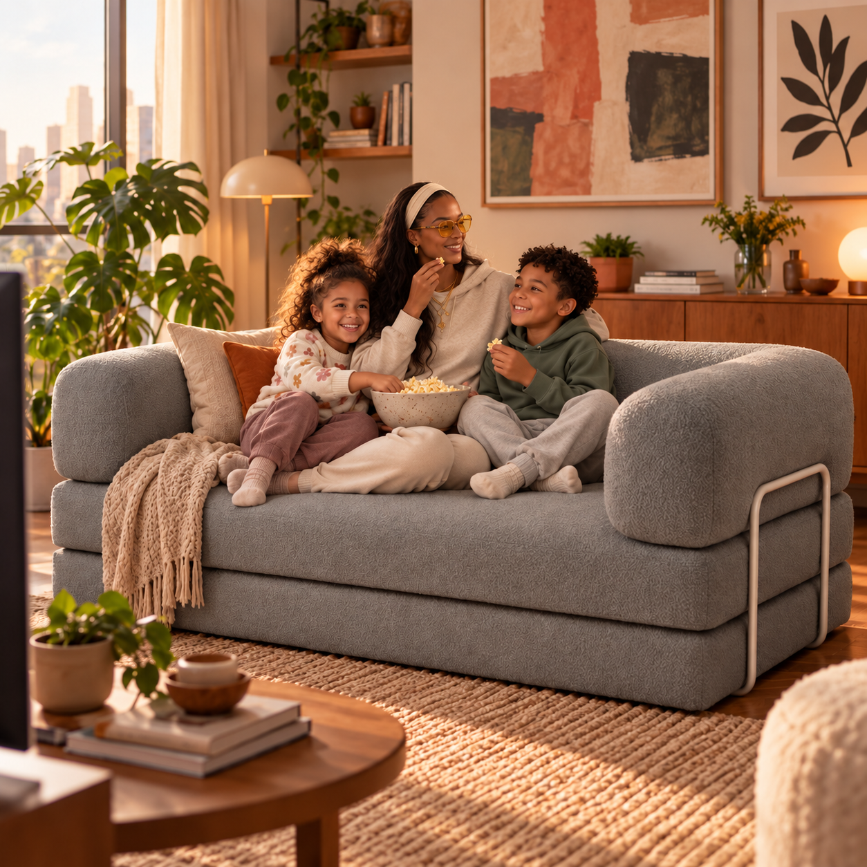 Sofá Cama Bloom cinza em uma sala iluminada, com uma família em cena publicitária editada.